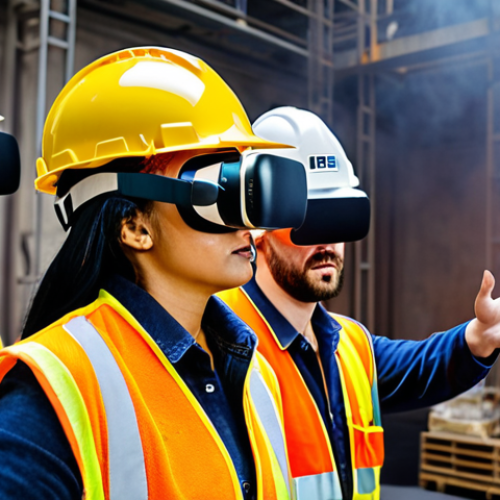**Prompt:** A diverse team of construction workers wearing hard hats and safety vests, participating in a virtual reality safety training simulation, experiencing a realistic fire scenario. The scene should emphasize the immersive nature of the VR experience and the workers' engagement.