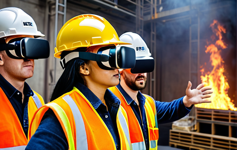 **Prompt:** A diverse team of construction workers wearing hard hats and safety vests, participating in a virtual reality safety training simulation, experiencing a realistic fire scenario. The scene should emphasize the immersive nature of the VR experience and the workers' engagement.