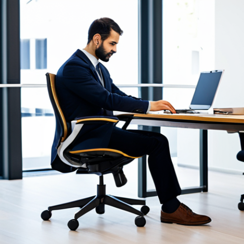 Home 23 산업재해 예방과 관련된 최신 세미나 정보 - Ergonomic Office Scene**
"An employee is adjusting their ergonomic chair in a modern Spanish office...