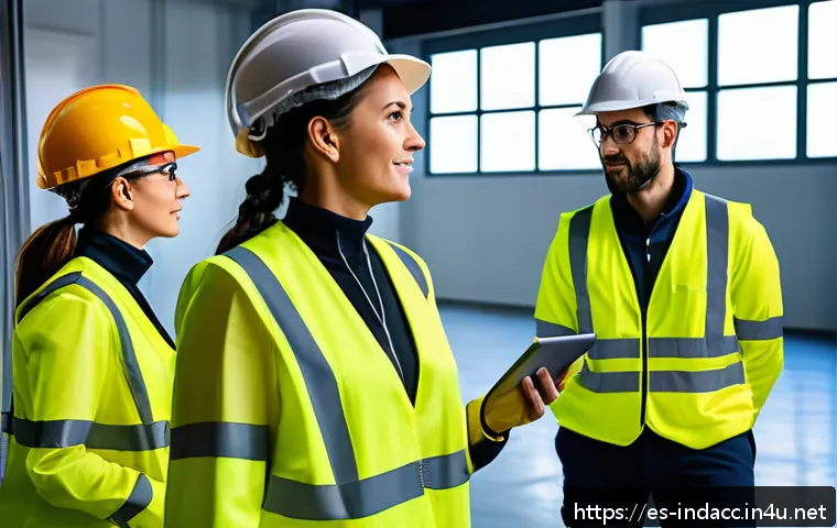 산업재해분석 전문가의 주요 역량 개발법 - A modern industrial workplace scene in Spain, showing diverse employees wearing appropriate safety g...
