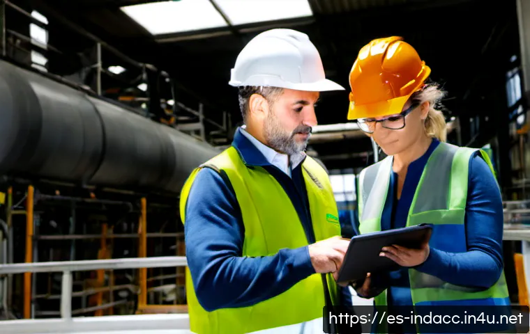 산업재해 통계 기반 위험성 평가 기법 - Photorealistic Spanish manufacturing safety team conducting a data-informed risk assessment on a cle...