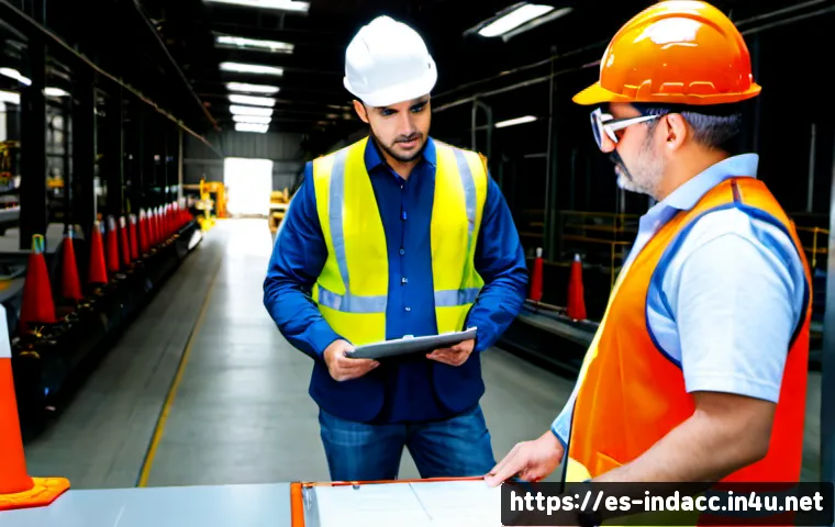 산업재해 발생 원인 분석 기법 - Photorealistic occupational safety investigator in a modern Spanish manufacturing plant, wearing hel...