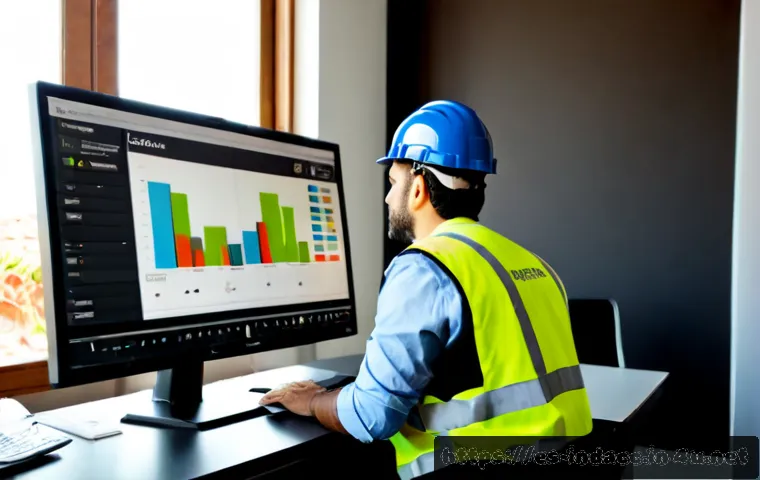 산업재해 통계 활용법과 시각화 기법 - Photorealistic occupational safety analyst in a modern Spanish workplace, reviewing a large clean da...