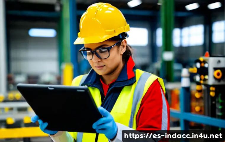 산업재해분석 관련 인기 기업 분석 - Photorealistic occupational safety analyst in a modern Spanish manufacturing plant, wearing hard hat...