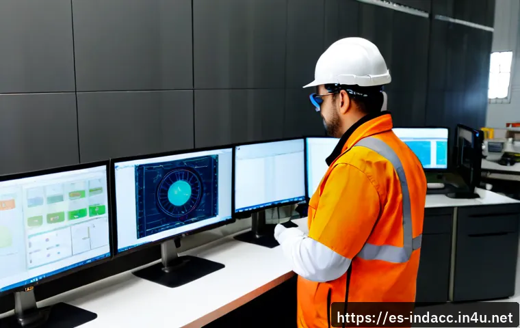 산업재해 관리에서 인공지능 활용법 - Photorealistic industrial safety control room in a modern Spanish manufacturing plant, a diverse tea...